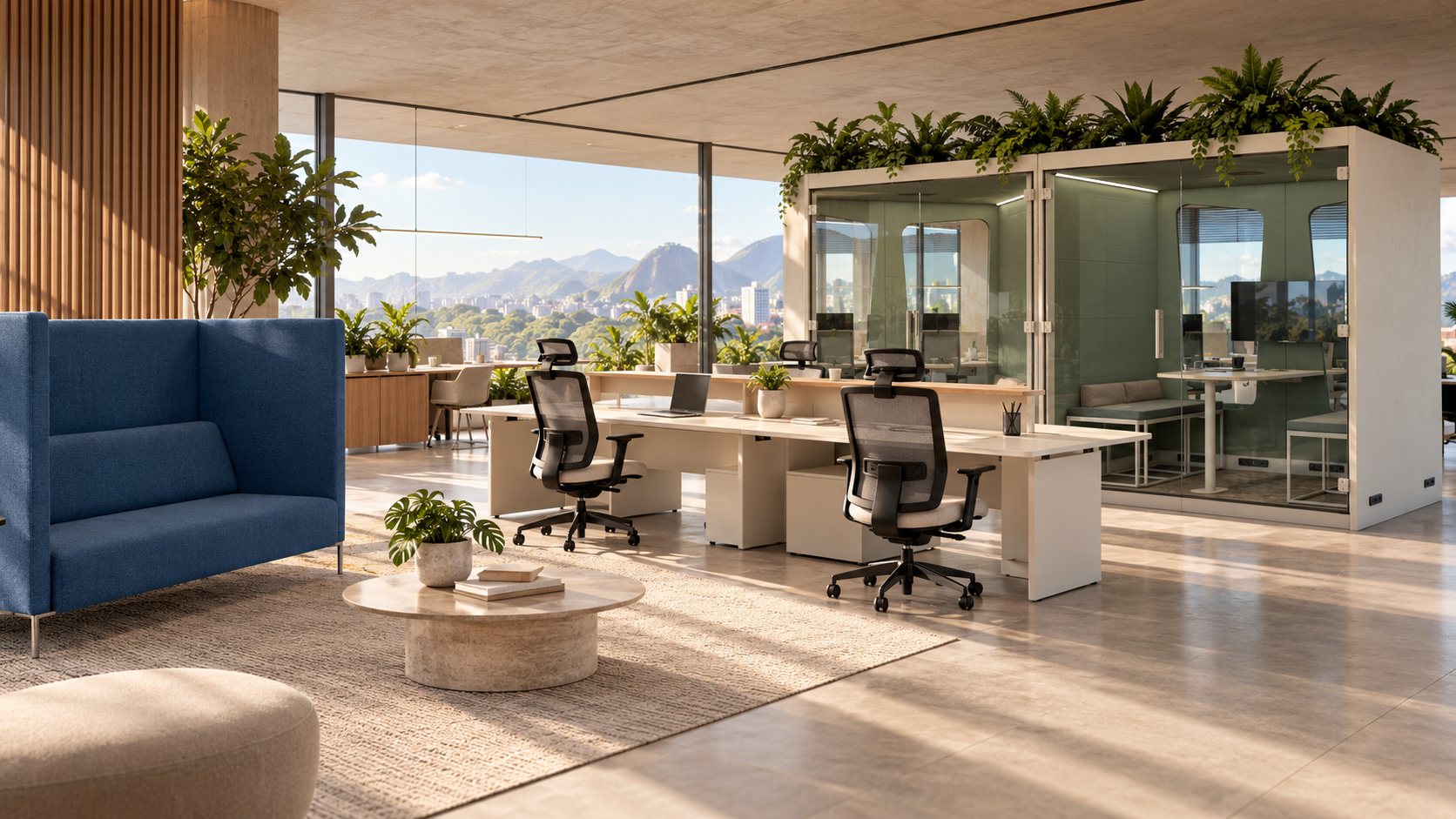 Ambiente de trabalho com cabines acústicas, cadeiras e mobiliário para escritório